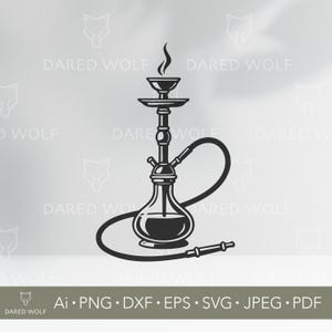 May include: Black and white illustration of a hookah. The design features a glass base, a central stem, a bowl, and a flexible hose. The image includes the text "DARED WOLF" and file type abbreviations.