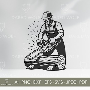 May include: Black and white illustration of a lumberjack using a chainsaw to cut a log. The lumberjack wears a hard hat and safety glasses. The image includes the text "DARED WOLF" and file type options.