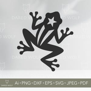 May include: A black frog silhouette with a white star on its head. The frog is in a sitting position with its legs and arms spread out. The image includes the text "DARED WOLF" and file type abbreviations.