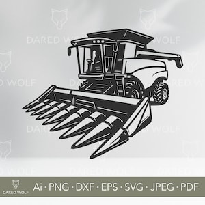 May include: Black and white illustration of a combine harvester, a large agricultural machine. The image shows the combine's cab, wheels, and cutting head. The text at the bottom reads "Ai • PNG • DXF • EPS • SVG • JPEG • PDF".
