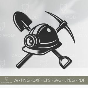 May include: A monochrome illustration featuring a miner's helmet with a lamp, a pickaxe, and a shovel. This design is ideal for mining-related projects and crafts.