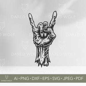 May include: A black and white illustration of a hand making the rock and roll gesture. The hand is stylized with a textured, decaying appearance. The image includes the text "DARED WOLF" and file type abbreviations.