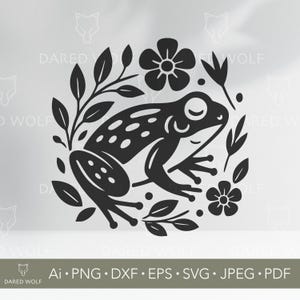 Puede incluir: Ilustración en blanco y negro de una rana rodeada de hojas y flores. La rana está de perfil, con los ojos cerrados, y está rodeada de elementos florales y botánicos. El texto "Ai • PNG • DXF • EPS • SVG • JPEG • PDF" está incluido.