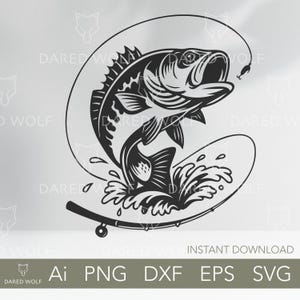 Pêche à l'achigan SVG | Clipart poisson sautant pour pêcheurs | Fichier de coupe Silhouette de crochet de canne à pêche pour Cricut