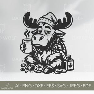 May include: Monochrome illustration of a moose wearing a beanie and plaid shirt, holding a coffee cup. Donuts, coffee beans, and a maple syrup bottle are also present. The image includes the text "DARED WOLF".