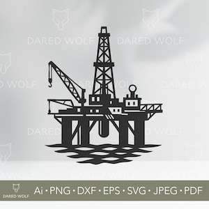 Puede incluir: Silueta negra de una plataforma petrolífera offshore, que incluye un torre de perforación, una grúa y una plataforma, sobre un fondo gris claro. La imagen incluye el texto "DARED WOLF" e información del tipo de archivo.