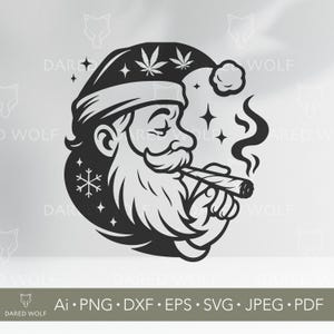 Könnte beinhalten: Schwarz-Weiß-Illustration von Santa Claus, der eine Zigarre raucht. Santa trägt einen Hut mit Cannabisblättern und Sternen. Das Bild enthält den Text "DARED WOLF" und Dateitypoptionen.