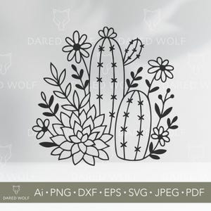 Cactus y flores SVG / Clipart de suculentas bohemias para Cricut y Silhouette / Archivo digital de plantas desérticas / Diseño floral del suroeste para bricolaje