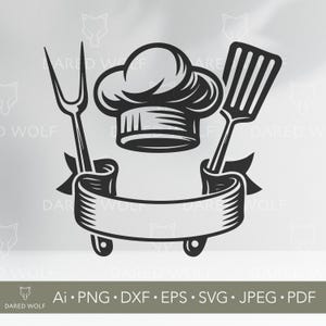 Puede incluir: Ilustración en blanco y negro de un gorro de chef, un tenedor y una espátula con una pancarta. La pancarta tiene espacio para texto. La imagen incluye el texto "DARED WOLF" y opciones de tipo de archivo.