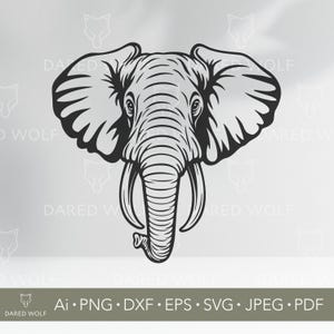 May include: A black and white line art illustration of an elephant's head with a detailed design. The elephant's trunk is curled up and its tusks are visible.