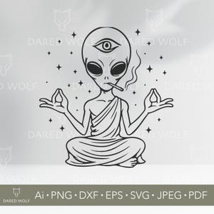 Puede incluir: Ilustración en blanco y negro de un extraterrestre meditando, con un tercer ojo y un cigarrillo. El extraterrestre está en posición de loto, rodeado de estrellas. El texto "DARED WOLF" y formatos de archivo están en la parte inferior.