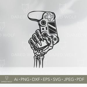 Peut inclure: Une illustration en noir et blanc d'une main squelettique tenant une manette de jeu vidéo. La manette est de couleur noire et blanche avec des boutons et un écran.