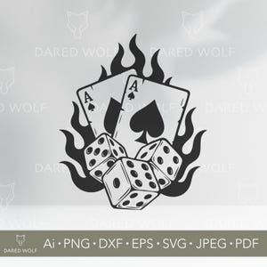 Dés et cartes SVG | Vectoriel Gambling Fire pour Cricut et Silhouette | Fichier de coupe de chance de casino | Art numérique Poker Tatouage