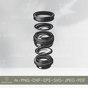 May include: Black and white illustration of a disassembled camera lens. The lens components are arranged vertically, showing the various parts. The image includes the text "Ai • PNG • DXF • EPS • SVG • JPEG • PDF".