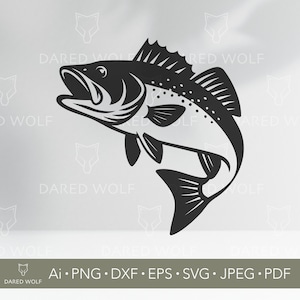 May include: A black and white illustration of a fish with its mouth open, fins extended, and a detailed scale pattern. The image includes the text "Ai • PNG • DXF • EPS • SVG • JPEG • PDF" and the words "DARED WOLF".