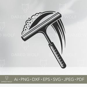 Op de afbeelding: Zwart-wit afbeelding van een raamwisser met zeepbellen en waterstrepen. De handgreep is geribbeld. De afbeelding bevat de tekst "DARED WOLF" en bestandstype afkortingen.