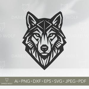 Può includere: Illustrazione in bianco e nero di una testa di lupo geometrica. L'immagine presenta un volto di lupo dettagliato con angoli e linee nette. Il testo "DARED WOLF" è ripetuto, e le opzioni di tipo di file sono elencate.