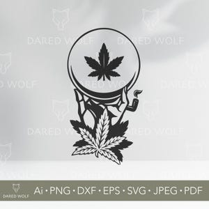 May include: Monochrome graphic of a cannabis leaf within a circle, held by a skeletal hand, with a smoking pipe. The design incorporates more cannabis leaves and the text "DARED WOLF" and file type abbreviations.