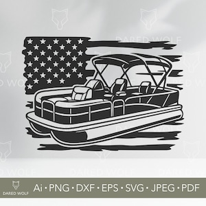 May include: Black and white silhouette of a pontoon boat with a canopy, set against a distressed American flag background.