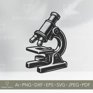 Puede incluir: Ilustración en blanco y negro de un microscopio. El microscopio tiene una base, una platina, lentes de objetivo y un ocular. La imagen incluye el texto "DARED WOLF" y opciones de tipo de archivo: Ai, PNG, DXF, EPS, SVG, JPEG y PDF.