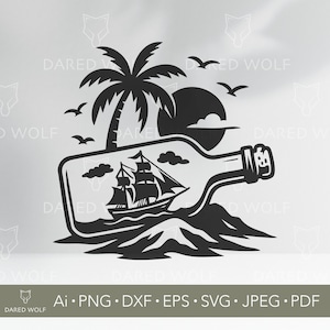 Puede incluir: Ilustración en blanco y negro de un barco dentro de una botella, con una palmera, un sol y pájaros. La botella está sobre un mar con montañas. La imagen incluye el texto "DARED WOLF" y opciones de tipo de archivo: Ai, PNG, DXF, EPS, SVG, JPEG y PDF.