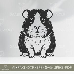 May include: Black and white guinea pig illustration. The design features a detailed outline of a guinea pig with a fluffy coat, whiskers, and large eyes. The image includes the text "Ai • PNG • DXF • EPS • SVG • JPEG • PDF".