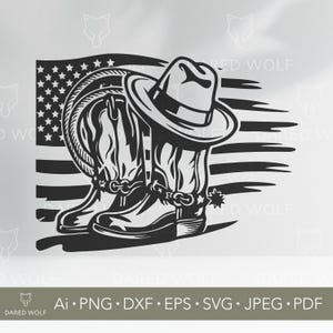 Chapéu de Botas de Cowboy | Arte Vetorial de Western Americano SVG para Cricut e Silhouette | Rodeio dos EUA SVG | Design Patriótico Country para Recorte em Vinil