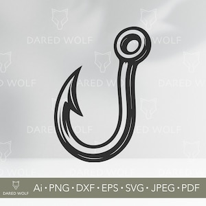 May include: A black fishing hook illustration. The hook is curved with a sharp point and a circular eyelet at the top. The image includes the text "DARED WOLF" and file type abbreviations: Ai, PNG, DXF, EPS, SVG, JPEG, and PDF.