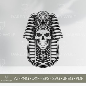 May include: Black and white graphic of an Egyptian pharaoh's death mask with a skull face, cobra, and ankh symbol. The design includes the text "DARED WOLF" and file type options: Ai, PNG, DXF, EPS, SVG, JPEG, and PDF.
