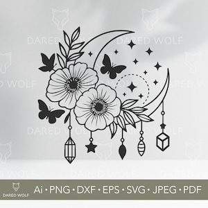 Lua de Flor SVG | Clipart de Lua Crescente com Cristais e Estrelas | Arquivo Digital Boho Celestial | Design Floral Místico para Cricut Silhouette