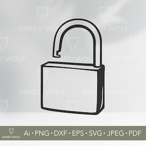 May include: A black and white line drawing of an open padlock. The padlock has a rectangular body and a curved shackle. The image includes the text "DARED WOLF" and file type options: Ai, PNG, DXF, EPS, SVG, JPEG, and PDF.