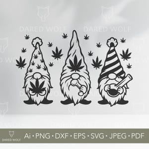 May include: Three black and white gnome illustrations with cannabis leaf accents. Each gnome wears a different hat and holds a different accessory, including a pipe and a bong. The image includes the text "DARED WOLF".