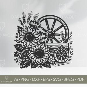 Sunflower Wagon Wheel SVG - Rustic Farm Floral Clipart - Country Harvest Design for Crafts & Decor