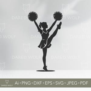 May include: Black silhouette of a cheerleader in a split, holding pom-poms. The cheerleader is wearing a skirt and a top. The image includes the text "DARED WOLF" and file type options: Ai, PNG, DXF, EPS, SVG, JPEG, and PDF.