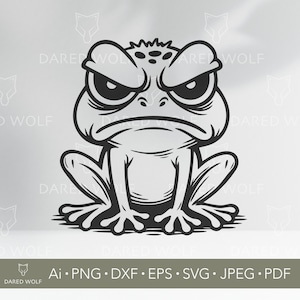 Puede incluir: Ilustración en blanco y negro de una rana enfadada con cejas grandes y fruncidas y una boca hacia abajo. La rana está sentada con las patas extendidas. La imagen incluye el texto "DARED WOLF" y abreviaturas de tipos de archivo.