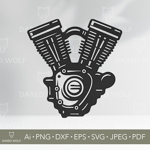 May include: Black vector illustration of a motorcycle engine. The engine has two cylinders, cooling fins, and a central housing with circular details. The image includes the text "Ai • PNG • DXF • EPS • SVG • JPEG • PDF".
