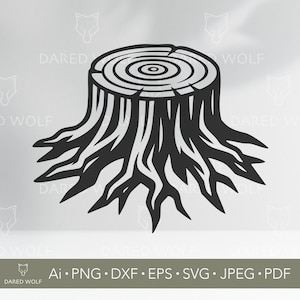 Puede incluir: Ilustración en blanco y negro de un tocón de árbol con anillos de crecimiento y raíces visibles. El diseño es un gráfico vectorial, adecuado para diversas aplicaciones digitales. La imagen incluye información de tipos de archivo: Ai, PNG, DXF, EPS, SVG, JPEG, PDF.