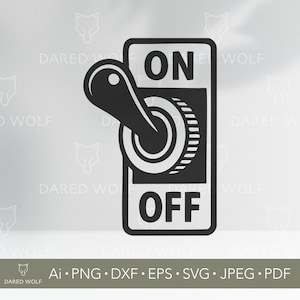 Könnte beinhalten: Schwarz-weiße Grafik eines Ein/Aus-Kippschalters. Das Wort "ON" steht oben und "OFF" unten. Der Schalter befindet sich in der Position "ON". Das Bild enthält auch Informationen zum Dateityp.