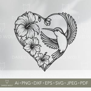 Coeur Colibri SVG Clipart vectoriel | Clipart amour floral pour Cricut et Silhouette | Fichier numérique oiseau romantique pour travaux manuels en vinyle de mariage