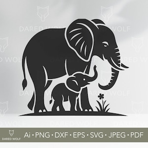 May include: Black silhouette of an adult elephant and a baby elephant standing together. A small flower and grass are next to the baby elephant. The image includes the text "Ai • PNG • DXF • EPS • SVG • JPEG • PDF".
