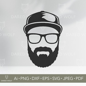 May include: A black and white silhouette of a person wearing a baseball cap, glasses, and a beard.