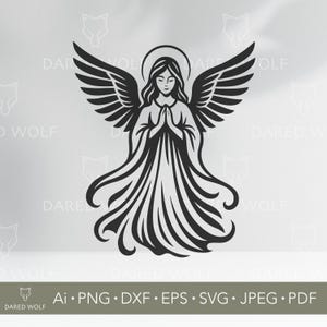 May include: A monochrome illustration of an angel with large wings, a halo, and hands in prayer. The angel is depicted in a flowing gown. The image includes file format options: Ai, PNG, DXF, EPS, SVG, JPEG, and PDF.