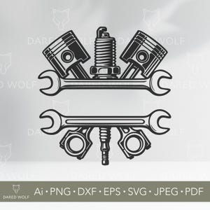 Mechanic Garage SVG Monogram | Auto Repair Vector Bundle with Wrench, Piston, Spark Plug | Industrial Cut Files for Cricut, Vinyl Projects