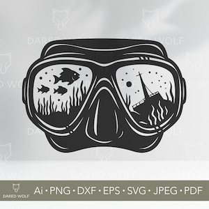 Scubaduiken SVG-ontwerp | Onderwatermasker vectorkunst voor Cricut en Silhouette | Digitaal oceaanbestand | Clipart duikbril om te snijden in vinyl