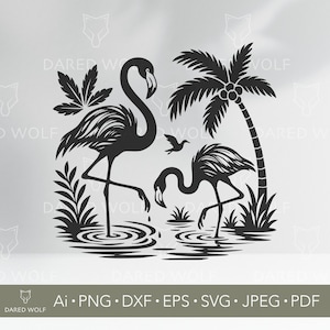 Tropical Flamingo Vector Art | Palm Tree Beach SVG for Cricut and Silhouette | Summer Jungle Clipart | Exotic Vacation Digital File