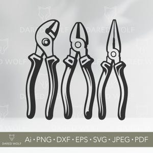 May include: Black and white illustration of three different pliers. The pliers include adjustable pliers, combination pliers, and needle-nose pliers. The image has the text "DARED WOLF" and file type information.