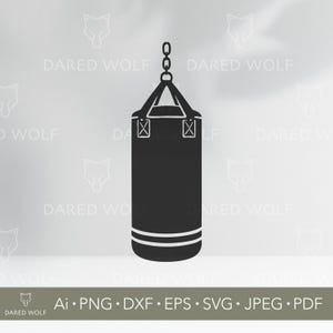 Puede incluir: Ilustración de un saco de boxeo negro con una cadena para colgar. La bolsa tiene forma cilíndrica con rayas blancas en la parte inferior y elementos decorativos en la parte superior. Incluye el texto "DARED WOLF" y opciones de tipo de archivo.