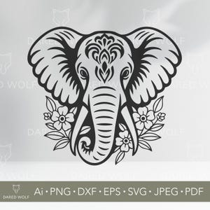 May include: A monochrome elephant head design with floral details. The elephant features large ears and a detailed trunk. The design includes the text "DARED WOLF" and file type options: Ai, PNG, DXF, EPS, SVG, JPEG, and PDF.