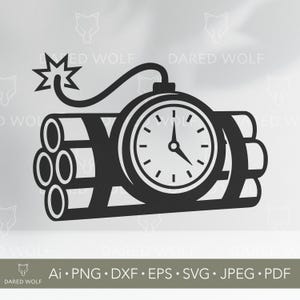 Pode incluir: Gráfico preto de uma bomba de desenho animado com mostrador de relógio, pavio e explosão estelar. Os ponteiros do relógio apontam para aproximadamente 4:50. A imagem inclui o texto "DARED WOLF" e opções de tipo de arquivo: Ai, PNG, DXF, EPS, SVG, JPEG e PDF.