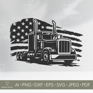 Arte vectorial SVG de camión estadounidense / Diseño de camión semirremolque con bandera de EE. UU. para Cricut y Silhouette / Archivo digital patriótico / Clipart de vinilo de camionero